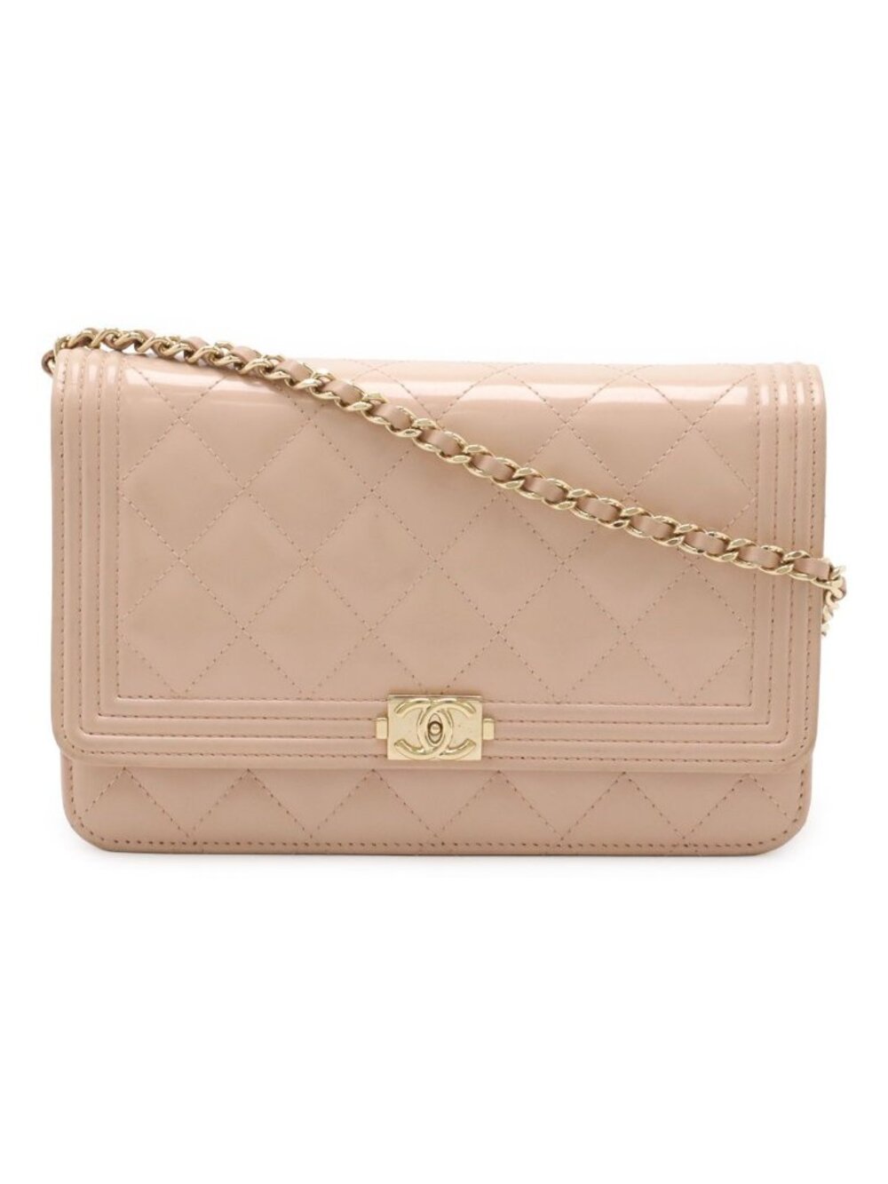 Chanel Boy Quilted CC Logo Chain Wallet Shoulder Bag Patent Pearl Pink Gold
